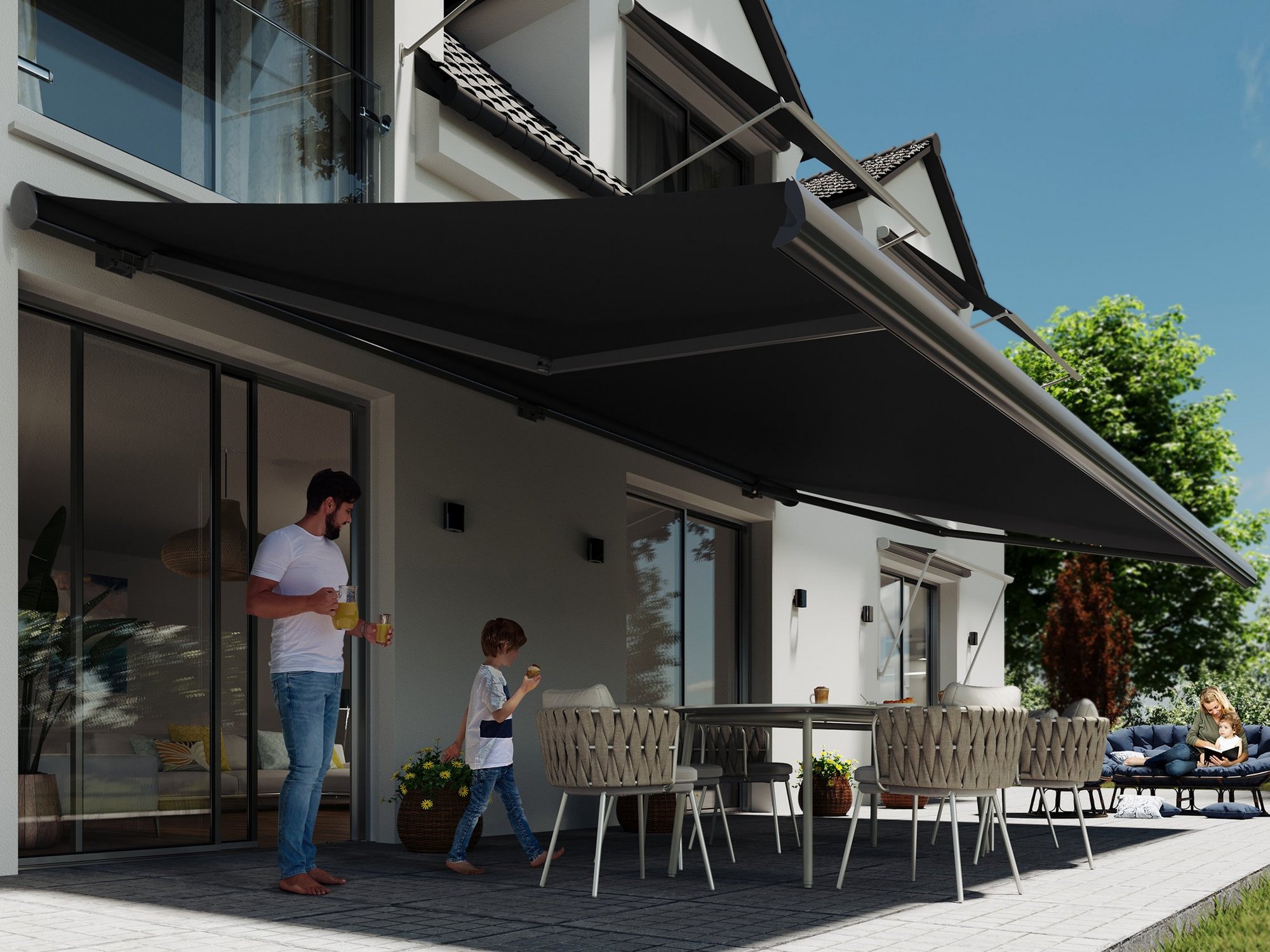 [Translate to Französisch:] Familie unter einer KADECO-Terrassenmarkise