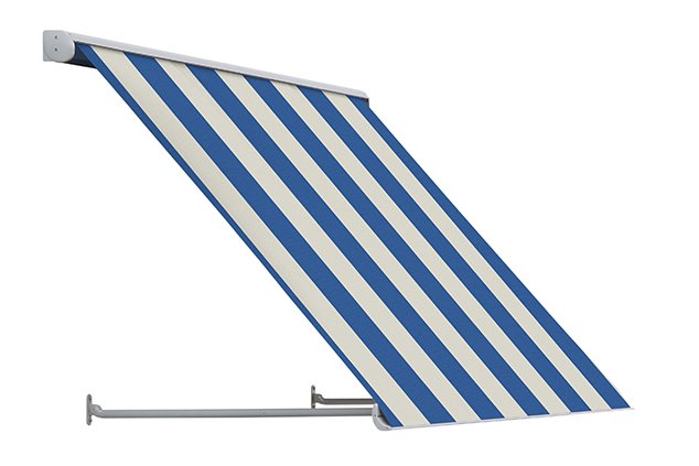 Fenstermarkise mit weiß-blau gestreiftem Markisentuch