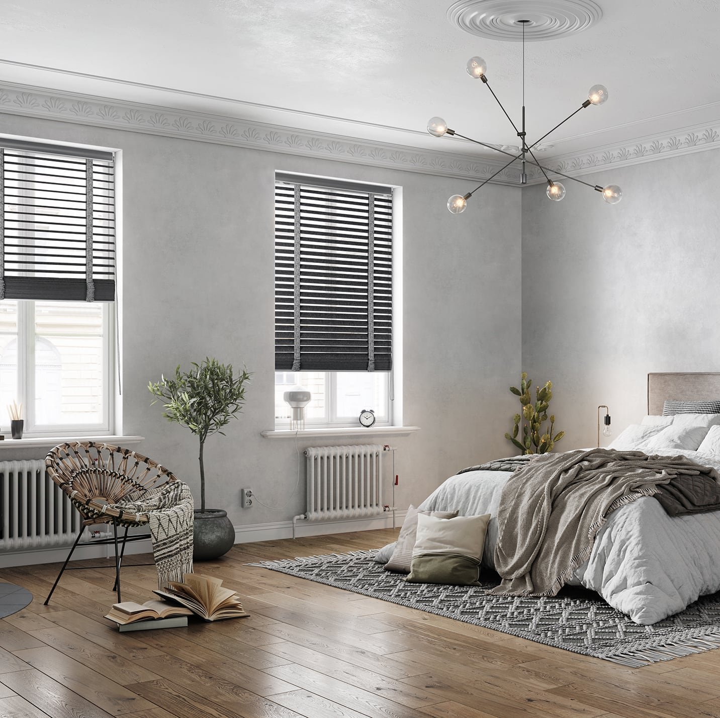 [Translate to English:] Schlafzimmer mit KADECO-Filz-Jalousien